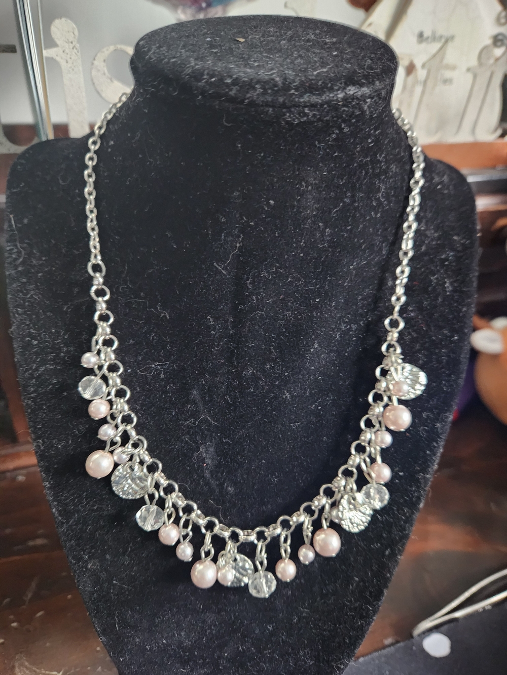 Silver Tone Chain Necklace with Pink Pearls and Crystal Charms
